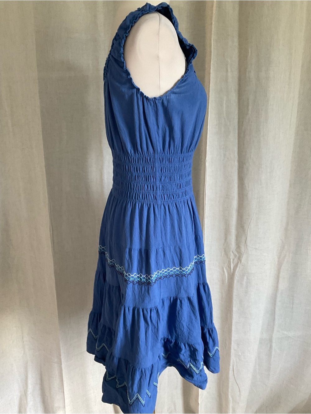 Lapis Anthropologie Blue Cotton Linen Smocked Tiered Dress Size L Cottagecore - Picture 3 of 5